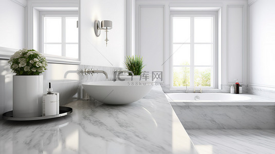 当代白色浴室设计 3D 模型中时尚大理石浴室台面上的空白空间