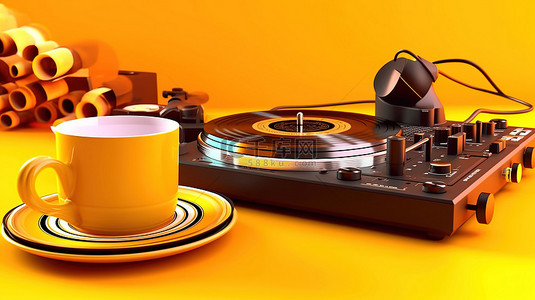 黄色背景与 dj 转盘耳机和咖啡杯 3d 渲染图像