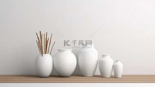 陶瓷背景图片_木地板上光滑的白色陶瓷花瓶和锅，带有复制空间 3d 渲染家居装饰