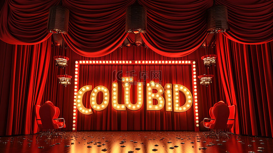 红色剧院窗帘上带有灯泡的照明俱乐部字母的 3D 渲染