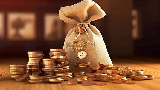 束口钱袋背景图片_房屋硬币和钱袋插图的 3D 渲染