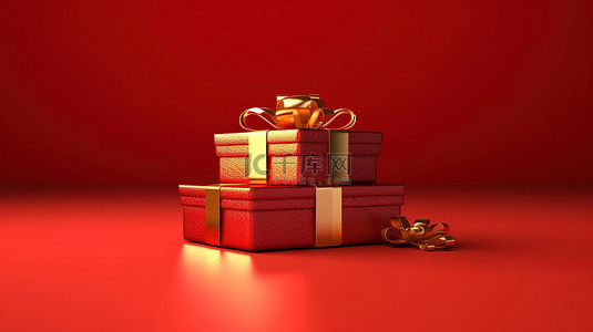 金色丝带装饰的红色礼品盒设置在充满活力的红色背景 3D 渲染