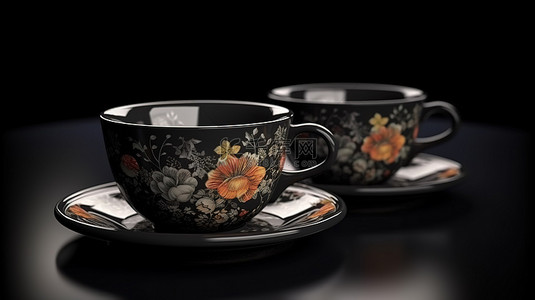精美花卉图案咖啡杯套装中中国传统黑咖啡的令人惊叹的 3D 渲染
