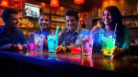 一群朋友在酒吧享用 3D 合成图像中的鸡尾酒