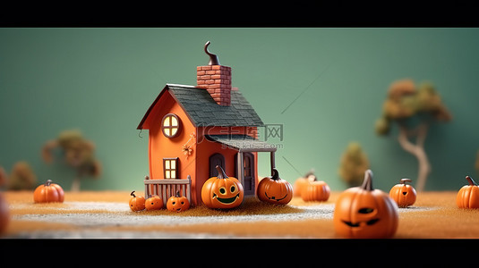 怪异的万圣节场景 3D 渲染舒适的房子，里面有南瓜和顽皮的鬼魂