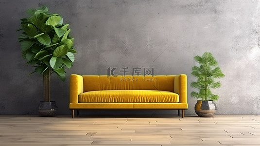 工业背景图片_木质镶木地板的 3D 渲染，配有黄色沙发和绿色植物，靠在工业混凝土墙上