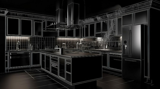 孤立的黑色背景 3d x 射线厨房内部渲染