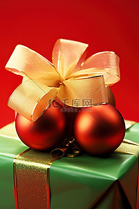 圣诞背景图片_绿色背景中带红鸡蛋的红色礼物