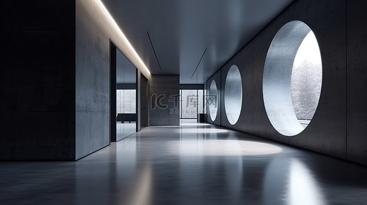 现代展厅与混凝土走廊抽象室内设计 3D