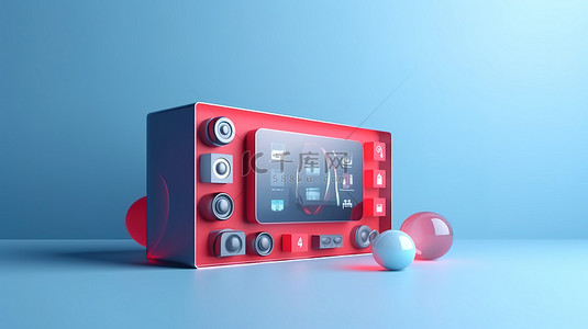 音乐的播放器背景图片_具有时尚界面和社交媒体功能的在线视频和音乐播放器在蓝色背景上提供 3D 渲染模型