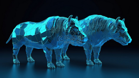 经济未来背景图片_未来派 3D 股票图像，以蓝色比特币牛市和熊市概念为特色，用于加密货币和数字经济
