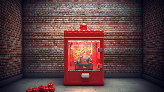 娃娃机背景图片_砖墙背景增强了 3D 可视化红色嘉年华夹娃娃机的空虚感