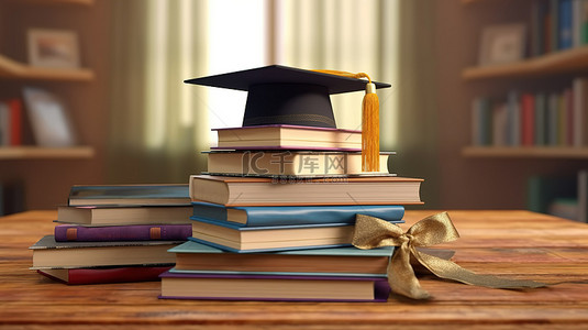 学术沙龙背景图片_木桌上一堆书上毕业帽的 3D 渲染