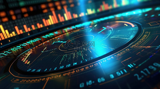 带有证券交易所股票图表和图表的仪表板的 3D 插图