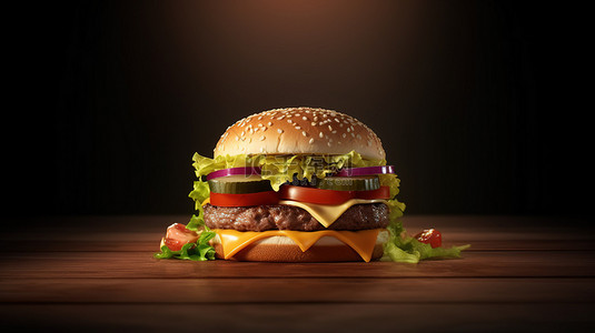 汉堡背景图片_汉堡的说明性 3D 图像，配有番茄生菜奶酪洋葱和充足的复制空间
