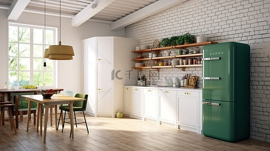 3D 渲染轻质砖墙内部与白色经典厨房绿色冰箱