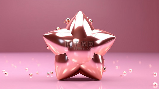 3D 渲染金属粉色背景上闪亮的玫瑰金星星，非常适合圣诞节和新年主题
