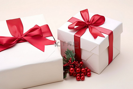 圣诞盒子背景图片_两个圣诞盒子正在铺设，其中一个在白色上有红色蝴蝶结