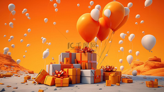 节日折扣优惠充满活力的气球和礼物伴随橙色优惠券 3D 渲染插图
