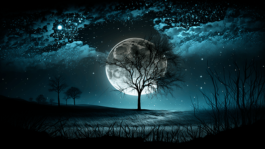 夜晚星空月亮唯美寂静风景图