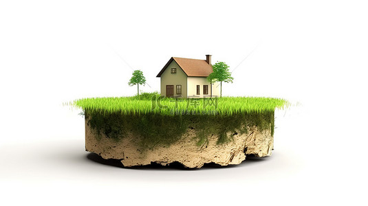 草地背景图片_白色背景上的房屋和圆形草坪的孤立 3D 插图