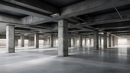 现代混凝土建筑的 3D 渲染，配有空停车场和干净的水泥地板