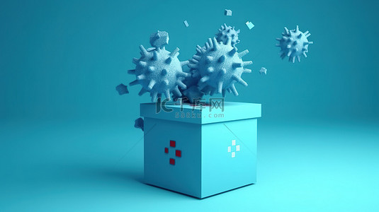 蓝色背景投票箱和病毒的 3D 渲染