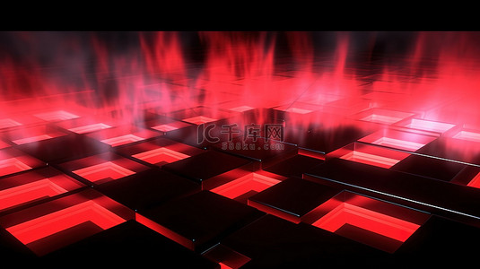 发光的红色方块和烟雾抽象迪斯科背景与俱乐部和公司的豪华 3D 插图