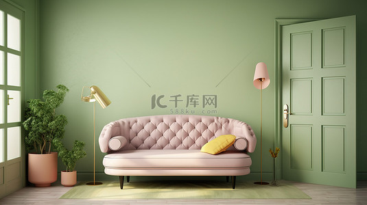 柔和的色彩房间内配有浅绿色沙发和花卉装饰，配有绿色墙砖和 3D 元素