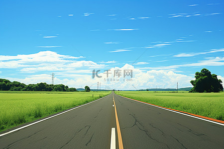 蓝天下空旷的道路穿过绿草