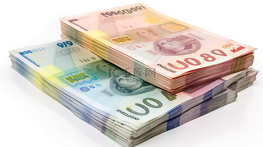 白色背景上的 3D 两张 2 雷亚尔巴西钞票