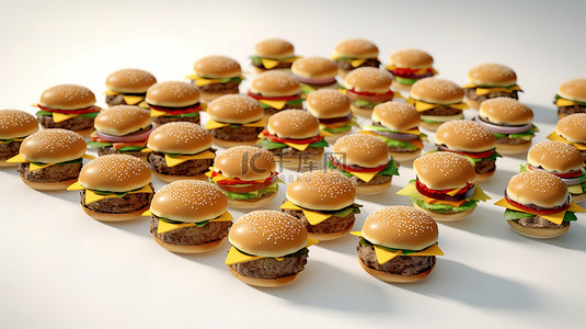 明亮背景 3D 渲染上的一堆汉堡，细节逼真