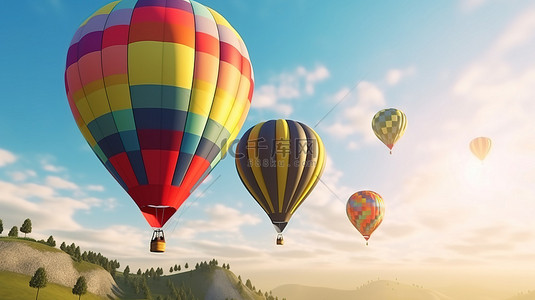 红色热气球背景图片_充满活力的热气球在 3D 插图中翱翔在天空中，具有白色红色蓝色绿色和黄色色调