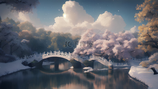 拱桥湖水树林白云