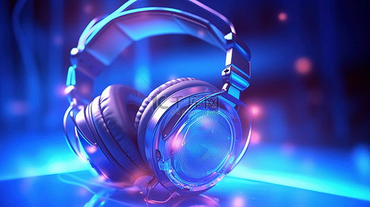 音乐背景图片_耳机在霓虹灯蓝色灯光下发光的特写 3D 插图