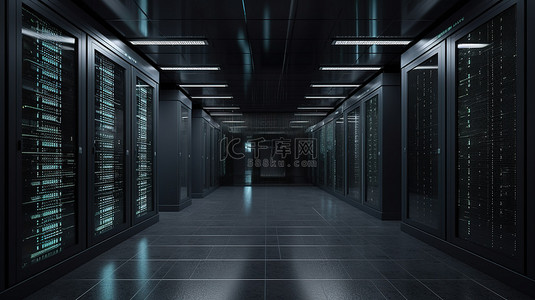 存储设施内以 3D 形式描绘的时尚现代服务器机房数据中心
