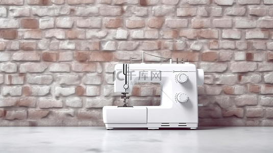 现代白色缝纫机，带空白框架，极端特写于砖墙 3D 渲染