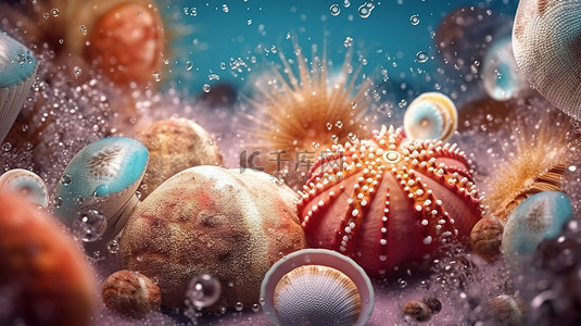 水珊瑚背景图片_海洋生物背景与 3D 渲染的海胆壳珊瑚和气泡