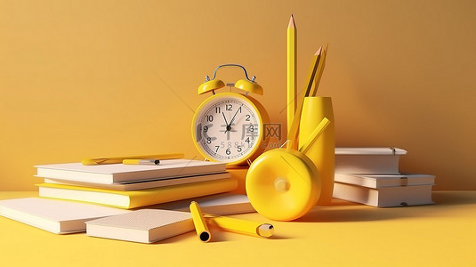 黄色主题背景图片_以教育为主题的黄色闹钟 3d 渲染，包括一叠书籍和铅笔，用于模型设计