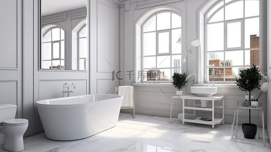 淋浴浴室背景图片_令人惊叹的 3D 渲染中完美的白色浴室和厕所