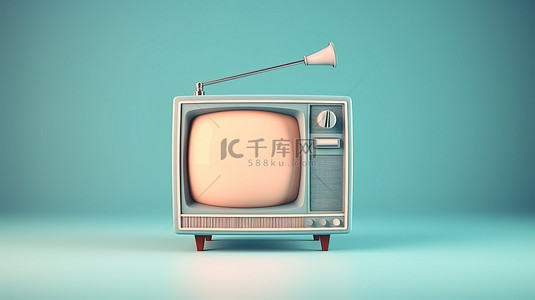 复古电视显示在柔和的蓝色背景上，带有媒体连接横幅 3D 插图
