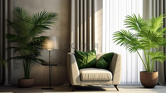 简单客厅背景背景图片_宁静简单的客厅，配有窗帘扶手椅郁郁葱葱的绿色植物和柔和的 3D 照明