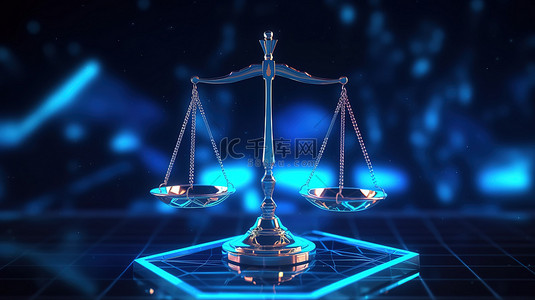 蓝色背景上的全息司法尺度代表法庭司法系统及其他 3D 渲染插图中的判决概念