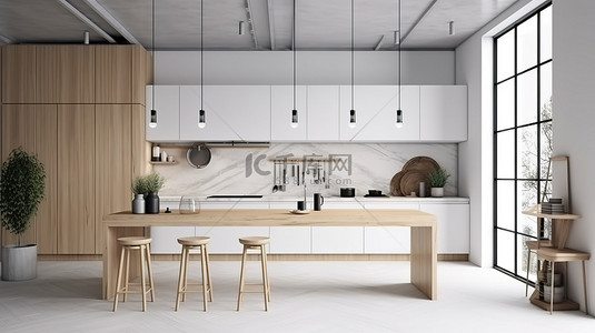 白色 3D 渲染模型中带有木质装饰的极简主义阁楼厨房