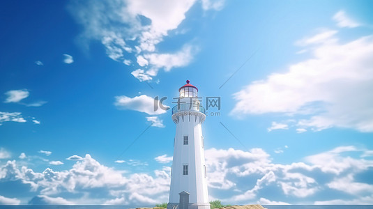 海天背景图片_在蓝天白云的美丽阳光明媚的日子里，一座灯塔令人惊叹的 3D 渲染