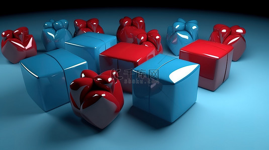 蓝色礼物的排列，在 3D 渲染中突出了醒目的红色礼物
