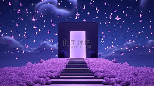 紫色花背景图片_星空夜空下薰衣草田与超现实门口和讲台舞台的 3D 渲染