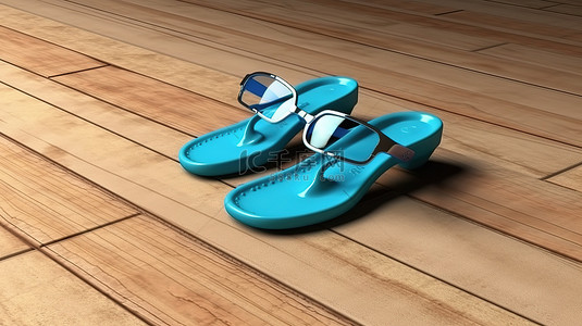 现代木地板，配有 3D 渲染的人字拖凉鞋和蓝色太阳镜