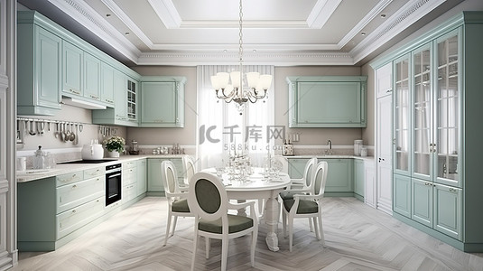 优雅的厨房和餐厅，采用传统触感柔和的色调和 3D 打造的时尚白色家具