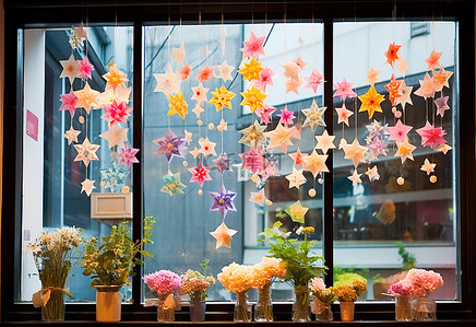 商店橱窗上挂着的鲜花
